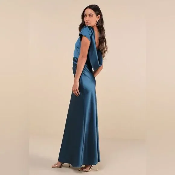 Lulus Captivating Presence Dark Teal Satin Cowl Back Maxi Dress Size Small NEW - Picture 2 of 12